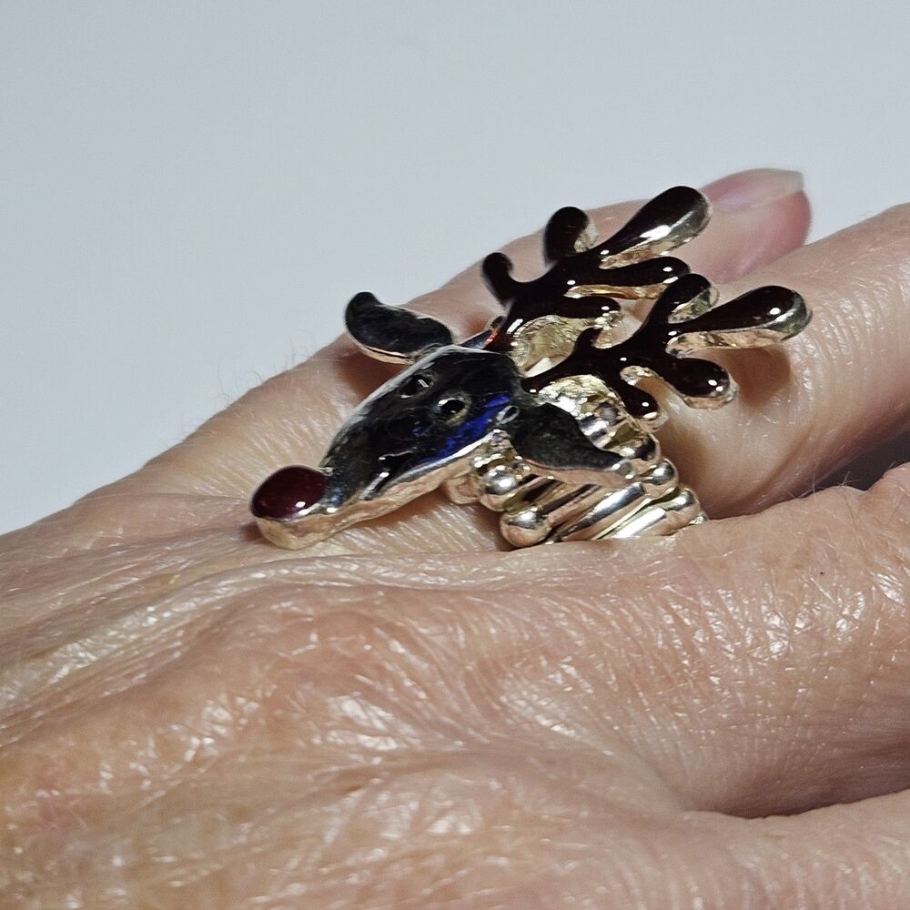 Silver Tone Brown Red Enamel Black Rhinestone Rudolph Stretch Ring - Picture 7 of 14